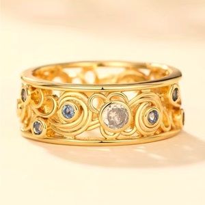 18k Gold plated ring with Blue & White Zircon & an intricate scroll design. Sz 8